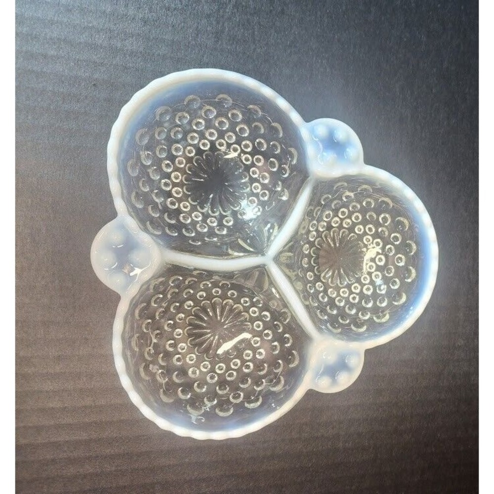 VTG Anchor Hocking Moonstone Hobnail 6 1/2" 3-Section Candy Dish Opalescent